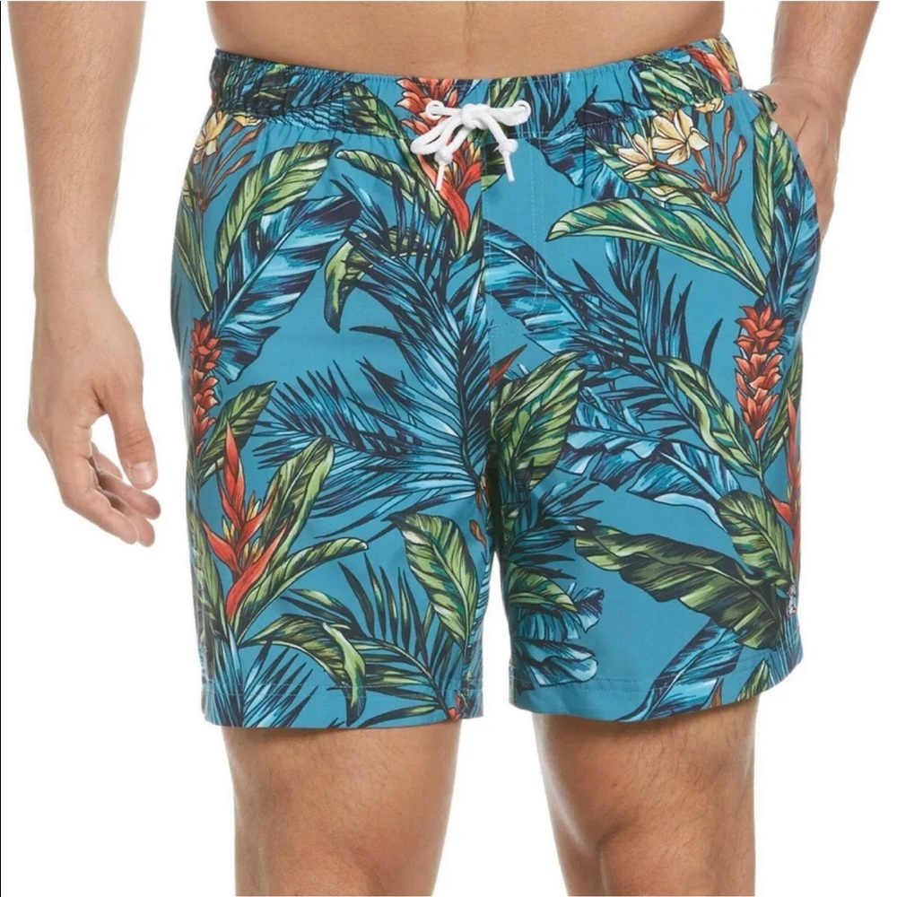 Original Penguin Swim Mens Tropical Floral Print Eco Swim Short Peacock Blue XL